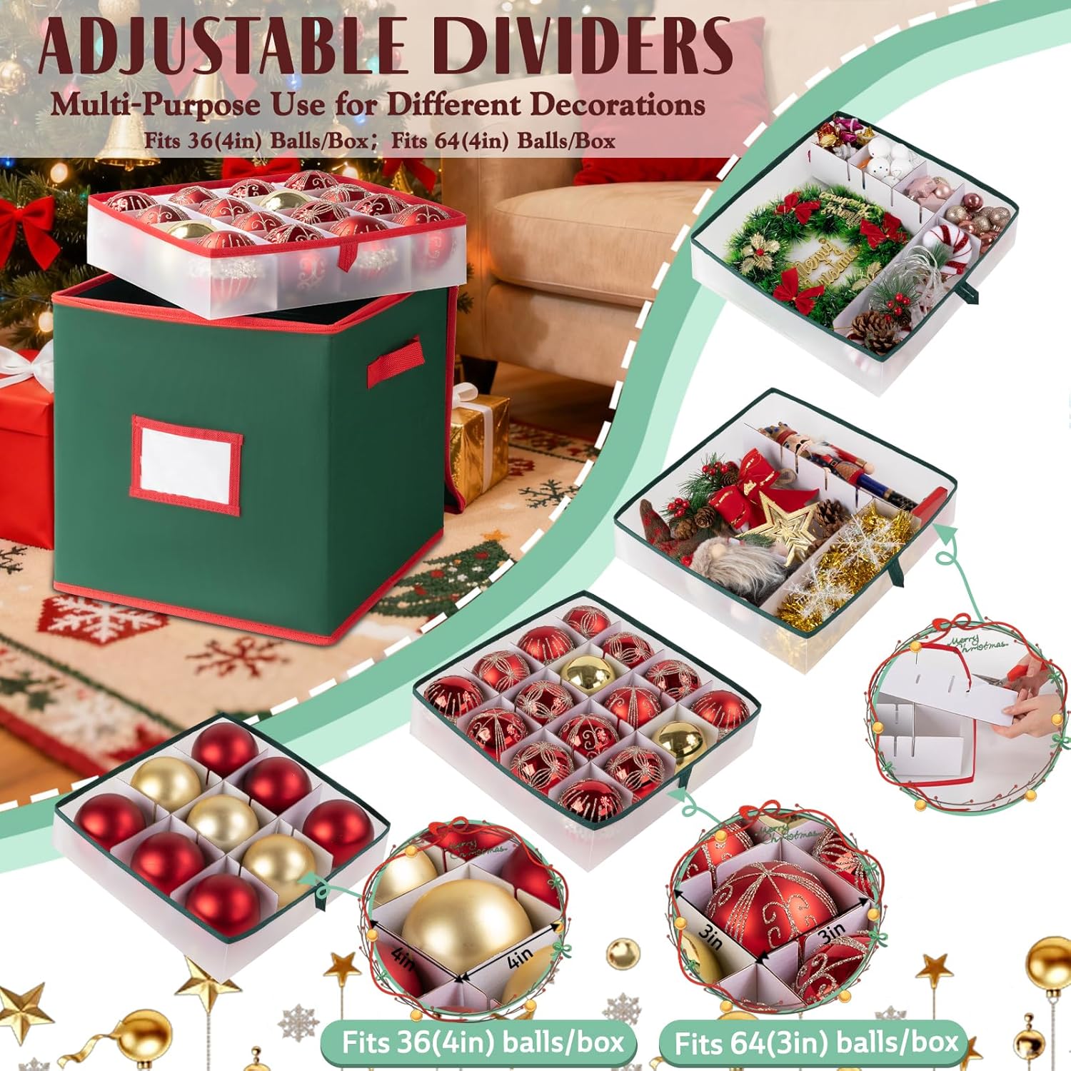 OIAHOMY Ornament Storage Box - 2 Pack Holds 64 Balls Each | Durable 600D Oxford Fabric - Green