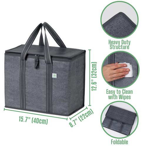VENO 2 Pack Cooler Bag and Insulated Grocery Bags for Food Delivery, Collapsible Cooler. Reusable Shopping Bags for Groceries with Hard Bottom, Zippered Top, Foldable, Heavy-Duty (Gray, 2 Pack)
