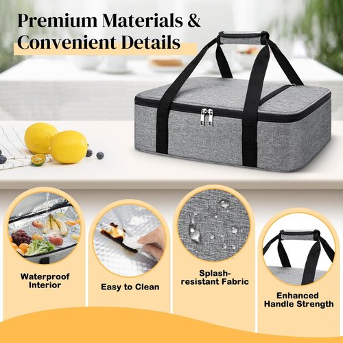 Coobiiya Insulated Casserole Carrier - Keeps Food Hot or Cold | Portable Tote for 9" x 13" Dish - Grey