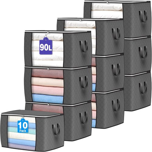 Budding Joy 90L Large Storage Bags - 10 Pack Foldable Organizers with Reinforced Handles | Gray