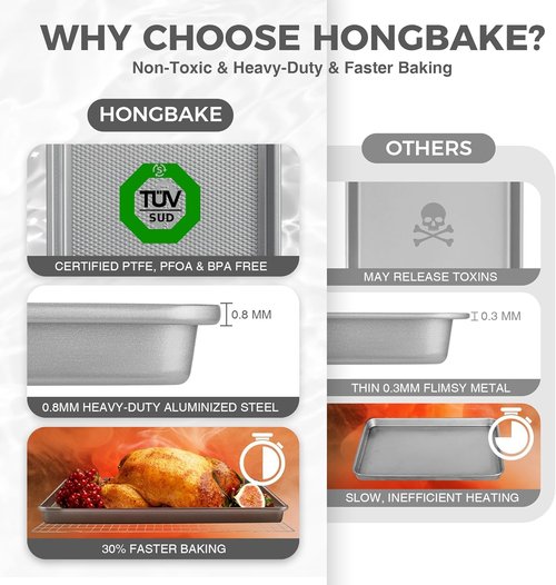 HONGBAKE Non-Toxic Baking Sheet Pan Set - Heavy-Duty Aluminized Steel | 3 Textured Nonstick Cookie Sheets