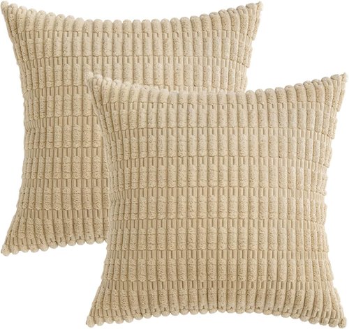 MIULEE Corduroy Throw Pillow Covers - Soft Boho Striped Design | 18x18 Inch Tan for Modern Farmhouse Decor