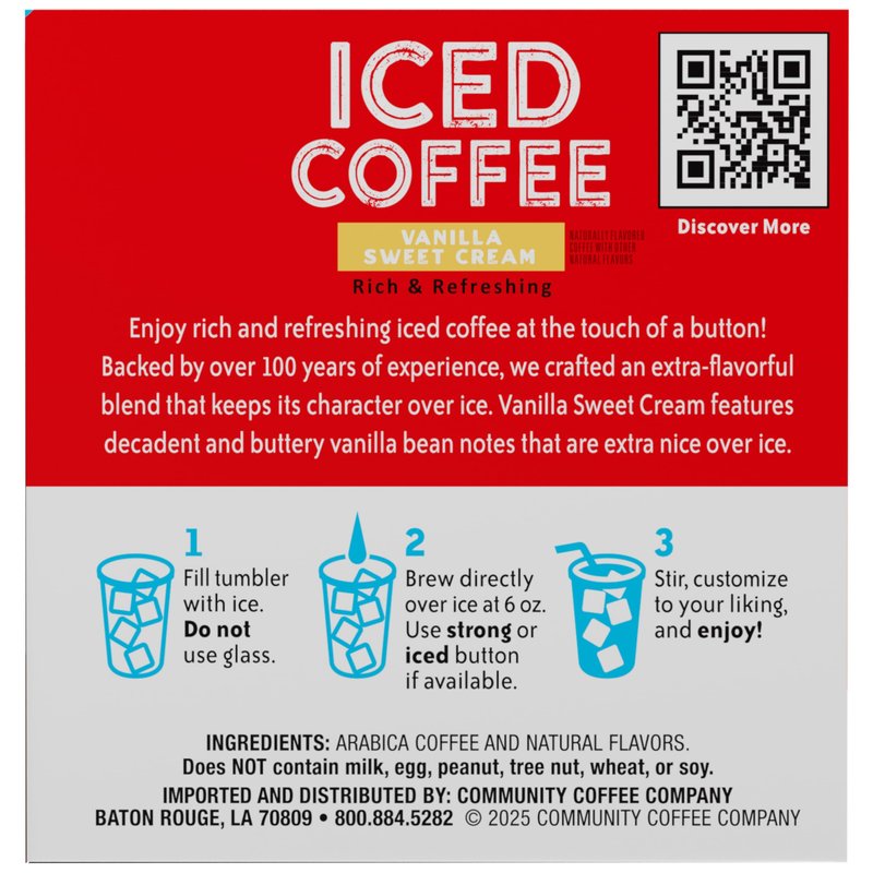 Community Coffee Vanilla Sweet Cream, 60 Keurig Iced Coffee Pods, Dark Roast, Compatible with all K-Cup Brewers, 10 Count (Pack of 6)