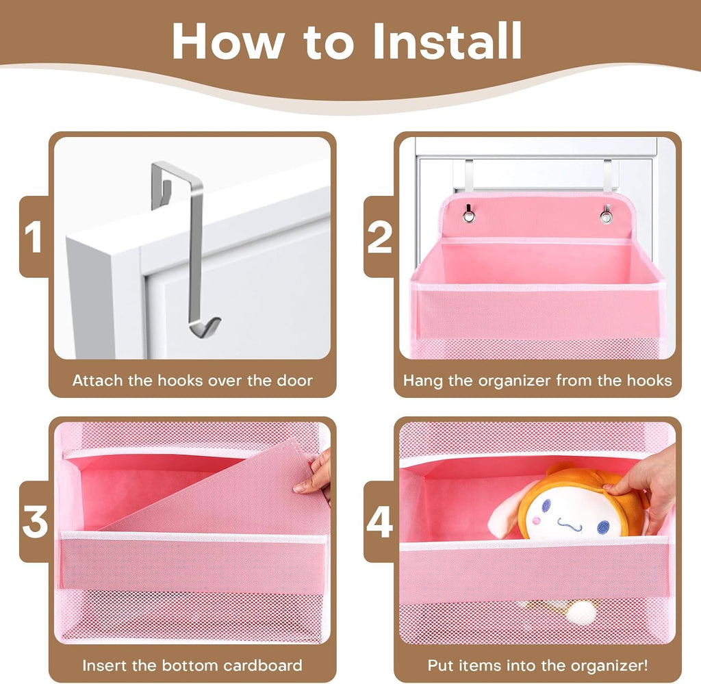 SpaceWhisper Over The Door Organizer - 4 Large Pocket Hanging Storage For Nursery & Bathroom (Pink)