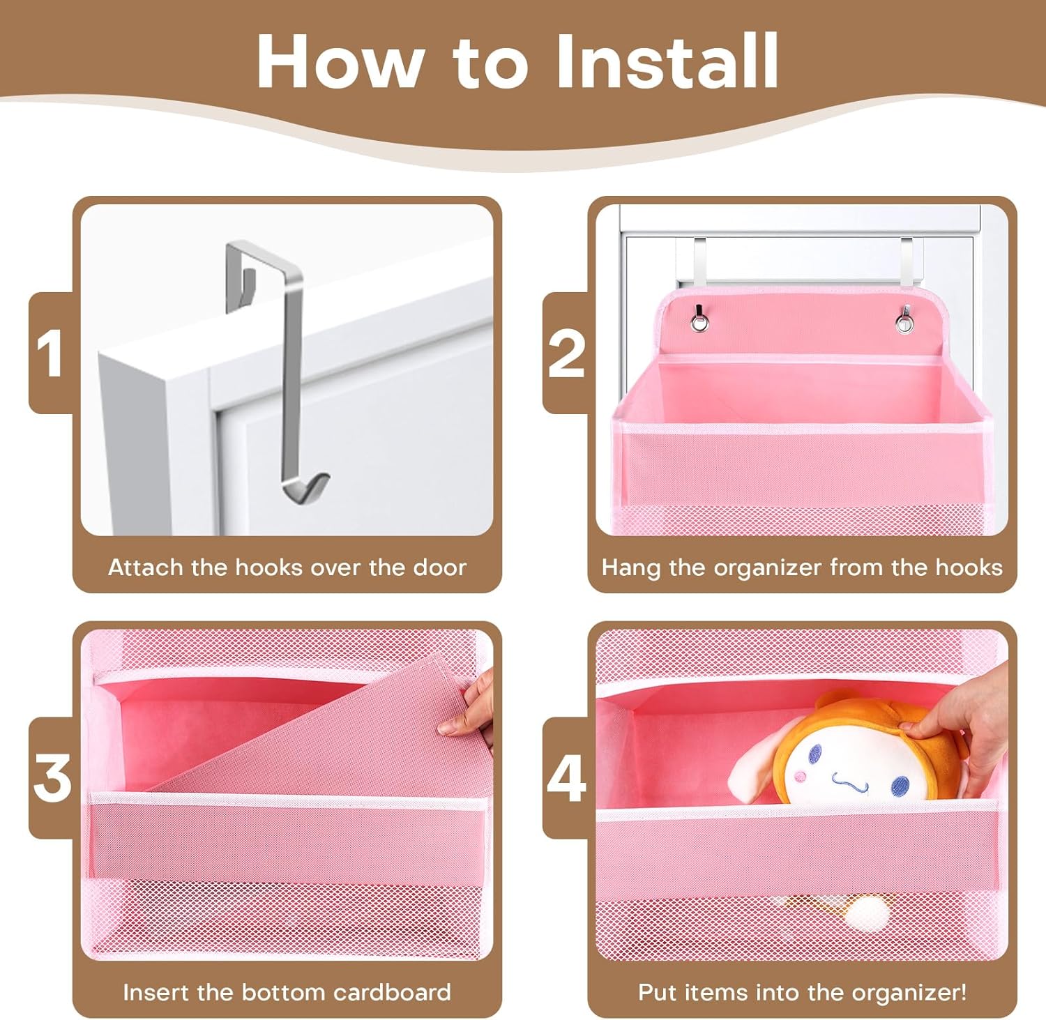 SpaceWhisper Over The Door Organizer - 4 Large Pocket Hanging Storage For Nursery & Bathroom (Pink)