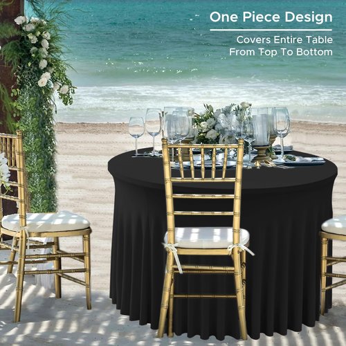 HolidayIdeas Black Spandex 72 in Round Tablecloths, Fitted Stretch Table Skirts for 6ft Round Table, Wrinkle-Free Ruffle Design Tablecloths for Banquets,Trade Shows, Parties, Events, 4 Pack