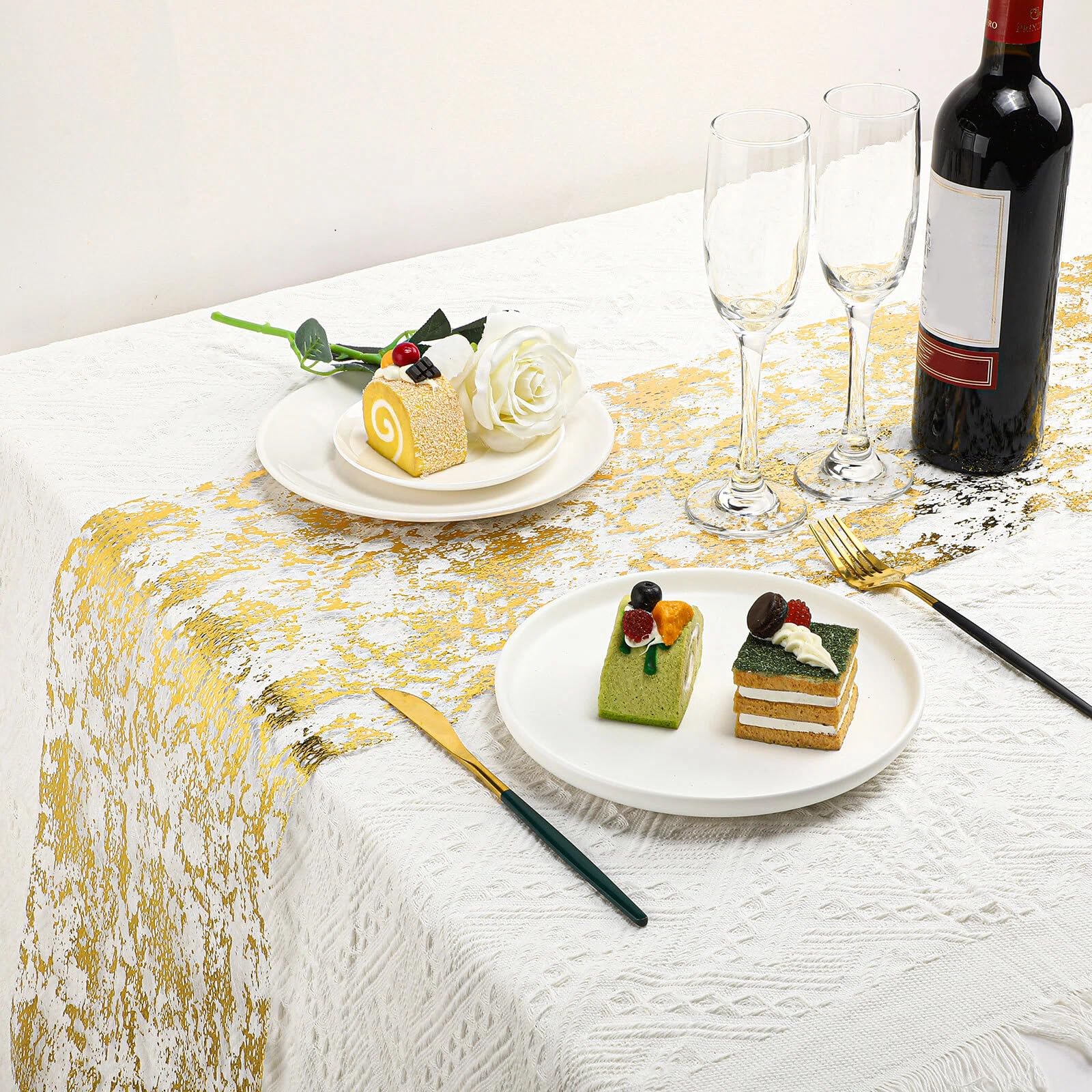 Tegeme Metallic Gold Table Runner Glitter Metallic Foil Thin Decor Gold Fabric Sequin Table Decorations with Scissors and Soft Ruler for Celebrations Birthdays Weddings Party(11 Inch x 99 Feet)