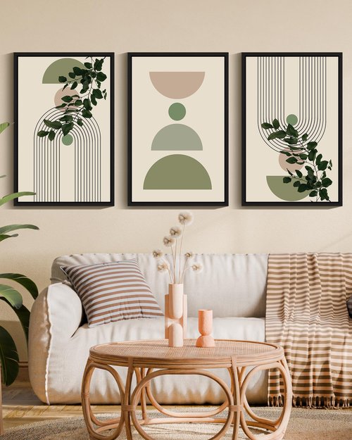 Drsoum 16x24in Green Botanical Boho Wall Decor Framed Modern Sage Bohemian Wall Art Abstract Geometry Canvas Prints Ready to Hang Black Framed