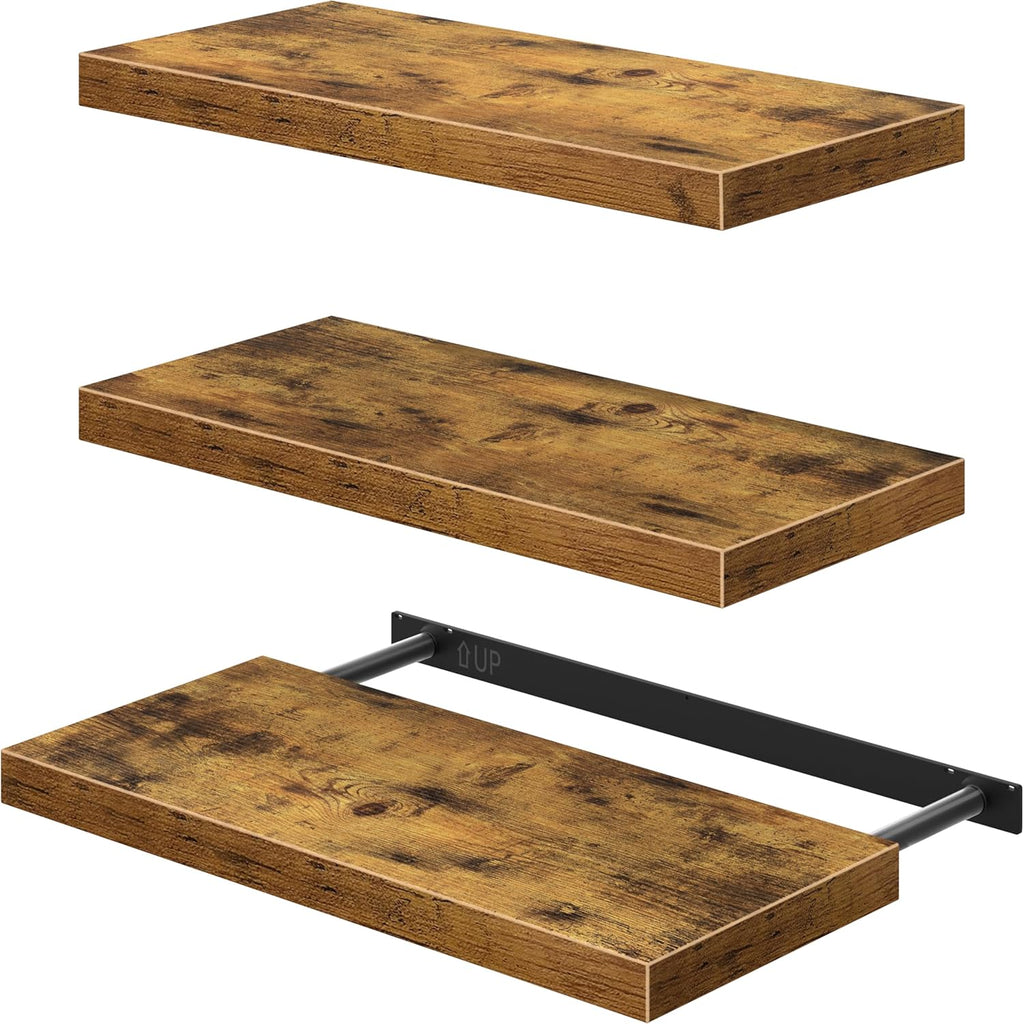 QEEIG 10" Deep Floating Shelves - Rustic Brown Wall-Mounted Bookshelf Set of 3 for Bathroom & Living Room