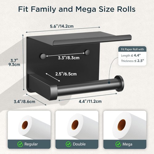 FORIOUS Toilet Paper Holder - Wall Mount with Shelf | SUS 304 Stainless Steel, Matte Black Finish