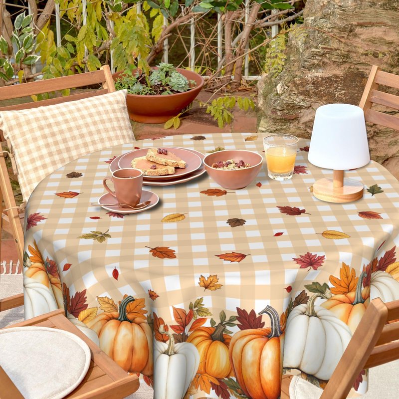 VentuCoven Pumpkin Table Cloth Fall Tablecloth 60 inch Maple Leaf Round Tablecloth for Kitchen Dining Circular Table Orange Buffalo Plaid