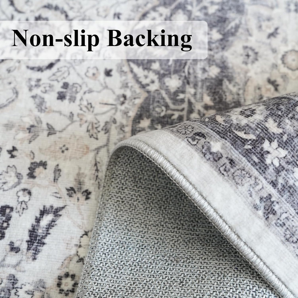 Regine Switzerland Washable 2x3 Entryway Rug - Vintage Soft Thin Non-Slip Mat | Water-Resistant Grey Carpet