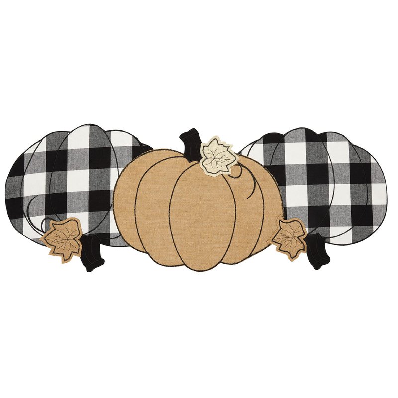 Elrene Home Fashions Burlap and Check Pumpkin Centerpiece Table Runner, 13" x 36", Black and White