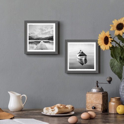 Lake Scenery Framed Wall Art: Sunset Sunrise Artwork Picture Modern Foggy Mountain Natural Wilderness Boat Tree Landscape Print Painting for Bedroom Office Living Room Bathroom