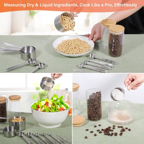Wuzzox Stainless Steel Measuring Cups & Spoons Set of 13, Stackable Metal Measuring Cups & Spoons, Kitchen Gadgets for Cooking & Baking