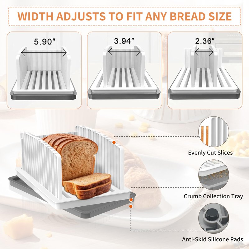 New Upgrade Bread Slicer for Homemade Bread, Bread Slicing Guide Adjustable Width with Grey Crumb Tray, Foldable Compact Cutting Guide for Homemade Bread,Bagels,Loafs,Cakes, Kitchen Gifts, White