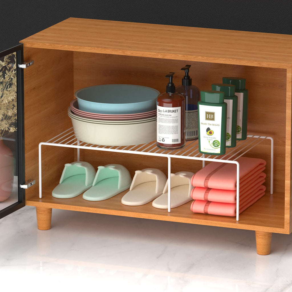 GEDLIRE Expandable Kitchen Cabinet Shelf Organizers, Heavy Duty Adjustable Counter Organizer Metal Wire Spice Rack, Freezer Storage Shelf for Cabinets, Pantry, Bathroom, Fridge, White