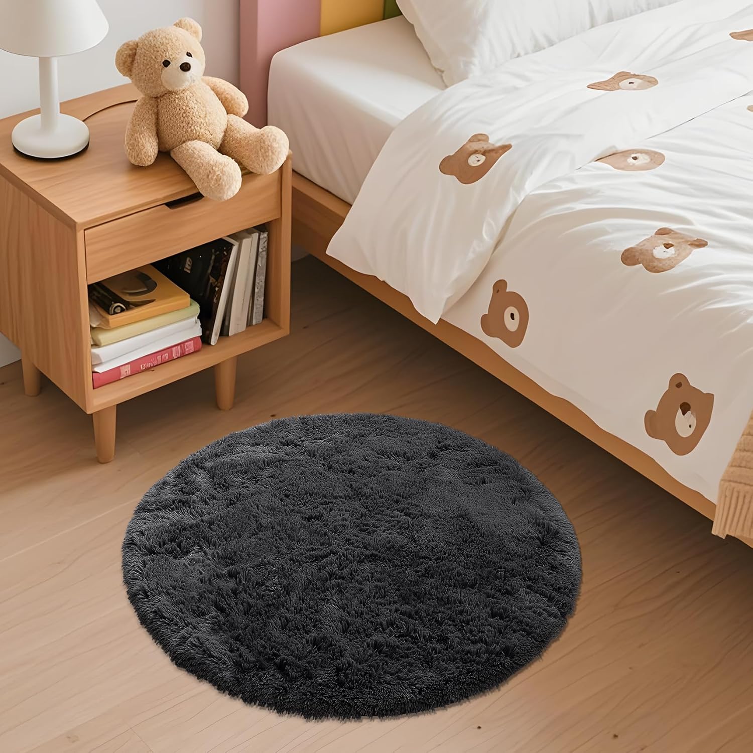 OLANLY Black Round Area Rug - Soft, Fluffy Shag Carpet | 2 ft Circle for Bedroom, Living Room, Nursery Decor