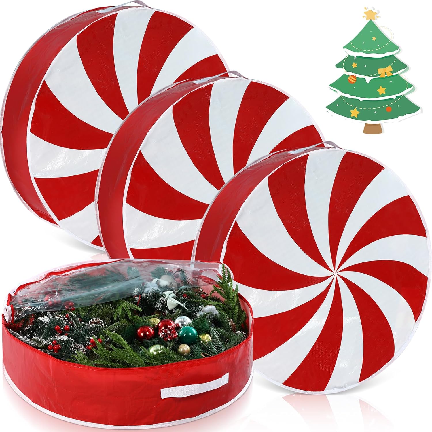 Regine Switzerland Christmas Wreath Storage Bag - 30 Inch Clear Window Design with Dual Zipper Handle | Red & White Peppermint Candy Cane Organizer