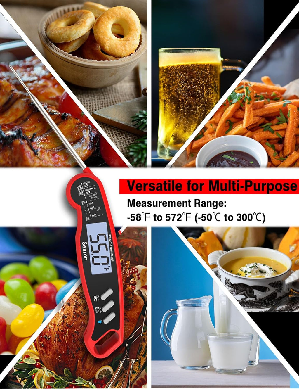 Searon Digital Meat Thermometer - Instant Read, Waterproof & Backlit | Perfect for BBQ, Grilling & Baking