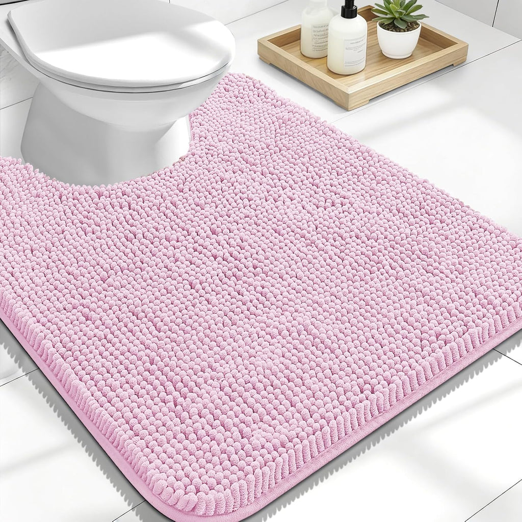 OLANLY U-Shaped Toilet Rugs - Extra Soft Absorbent Chenille Bath Mat, 24x20, Quick-Dry, Non-Slip, Pink