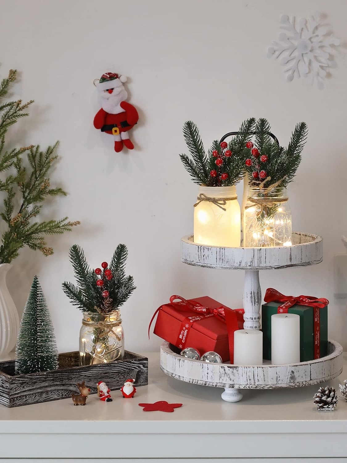 Skiennix Winter Mason Jar Centerpiece - LED Lights & Artificial Plants | Set of 3 for Festive Home Decor