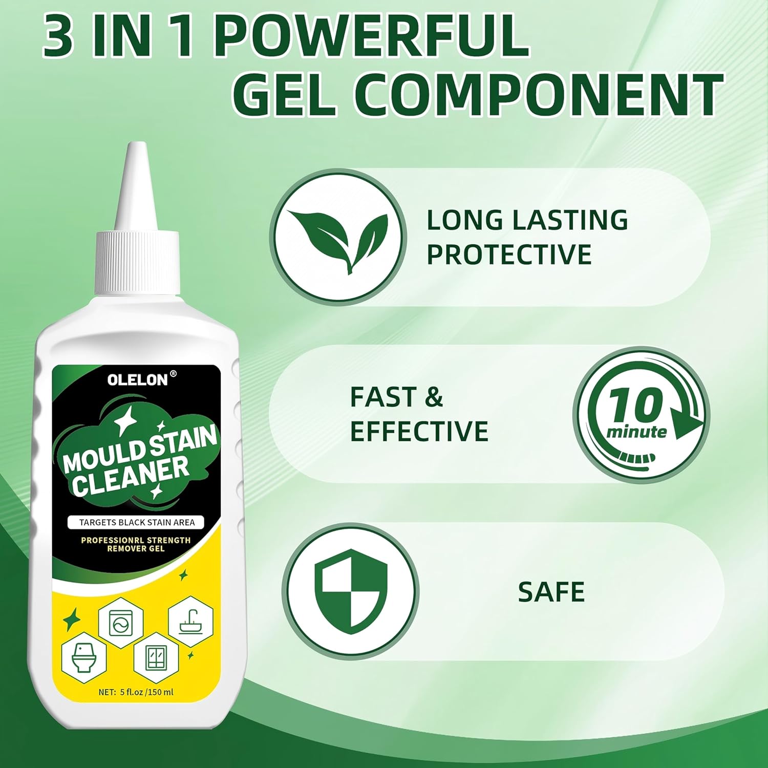 OLELON Mold Stain Remover Gel - Powerful Washing Machine Cleaner for Rubber & Grout - 300ML