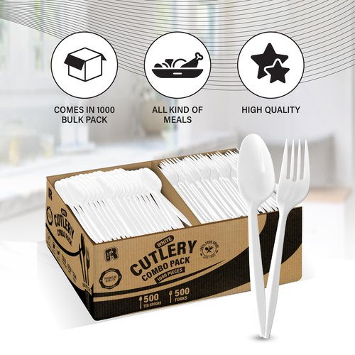 1000 Pcs Plastic Utensils Set - 500 Forks And 500 Spoons - Premium Plastic Forks And Spoons - Medium Weight Silverware Set - Bulk Disposable Cutlery