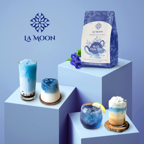 LA MOON TEA Blue Thai Tea Mix - Traditional Loose Leaf Thai Tea Mix from Butterfly Pea Flower and Assam Black Tea for Home-made Blue Thai Iced Tea, Boba Tea & Latte - No Food Dye, 7.05 Oz.