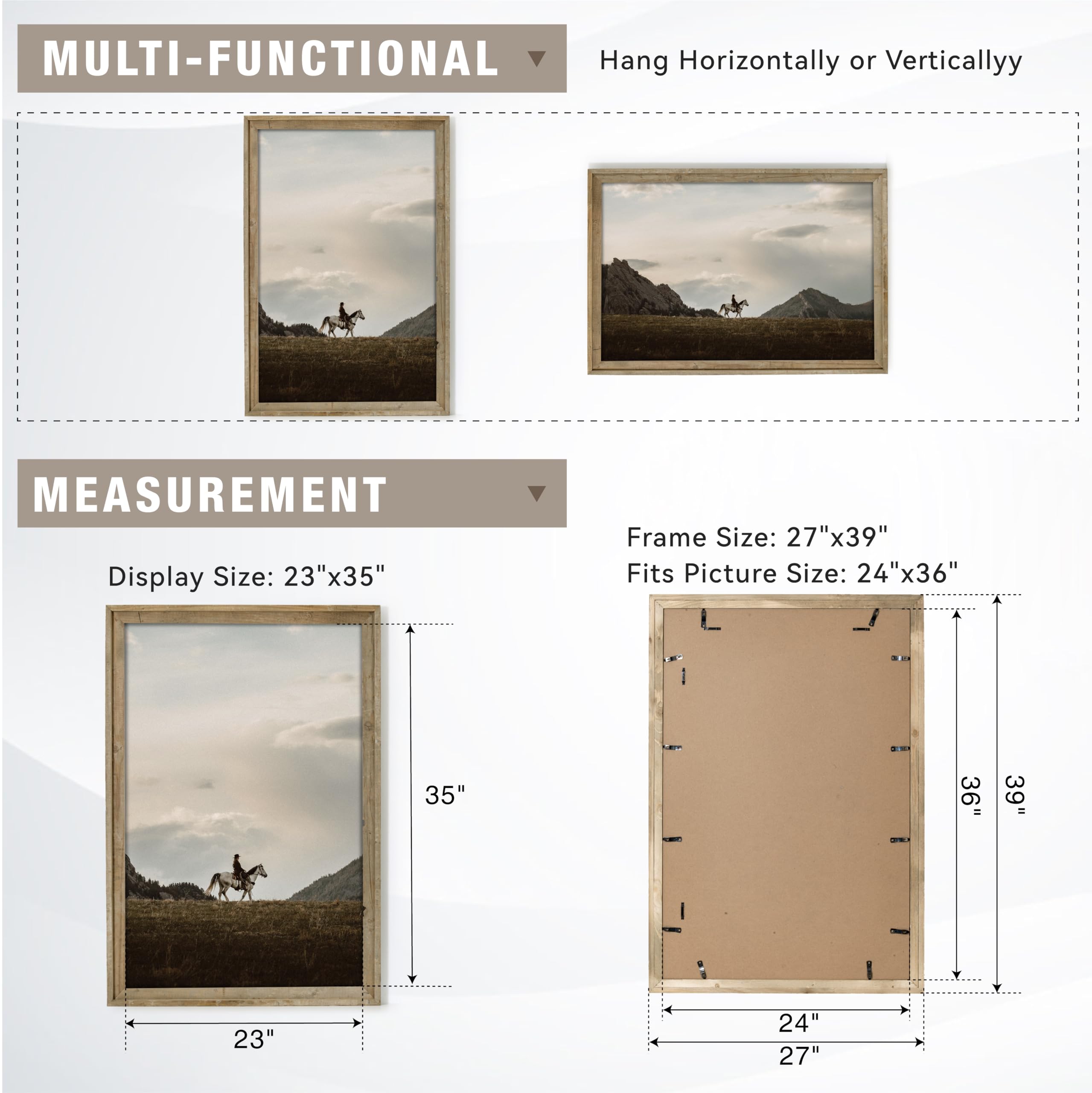 Rustic 24x36 Poster Frame, Reclaimed Barnwood Picture Frame with HD Tempered Glass, Distressed Family Art Gallery Corner, Horizontal and Vertical Wall Mounting Display with Hardware, Set of 1