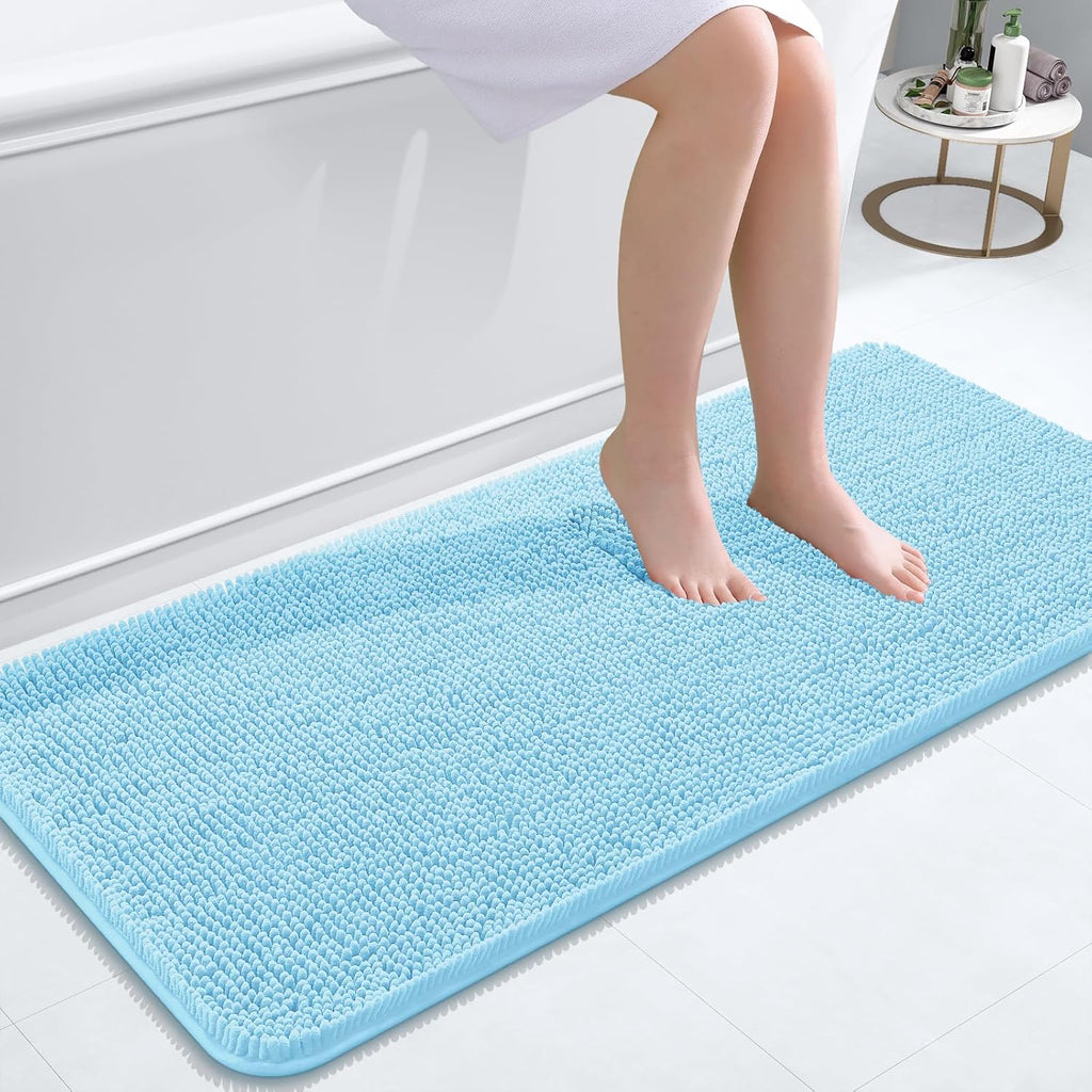 OLANLY Bathroom Runner Rugs - Soft Absorbent Chenille with Rubber Backing | Quick Dry, 47x20, Sky Blue