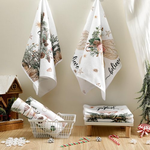 FuWeave Christmas Kitchen Towels Beige Xmas Tree Dishtowels Decorative Hello Winter Hand Towels Absorbent Gloves Ball Merry Christmas Tea Drying Cloth Xmas Decor for Kitchen Bathroom Farmhouse Gift