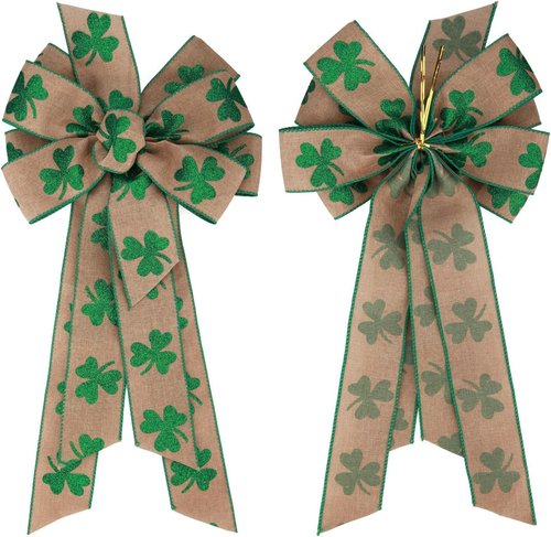 Meseey St. Patrick's Day Wreath Bow - 24" Green Clover Burlap Shamrock for Door & Tree Decor