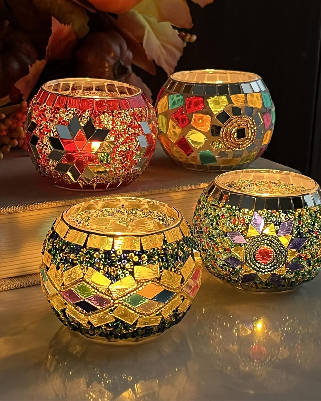 SHMILMH Glass Candle Holders - Handmade Mosaic Votive Set of 4 | Perfect for Diwali & Christmas Table Decor