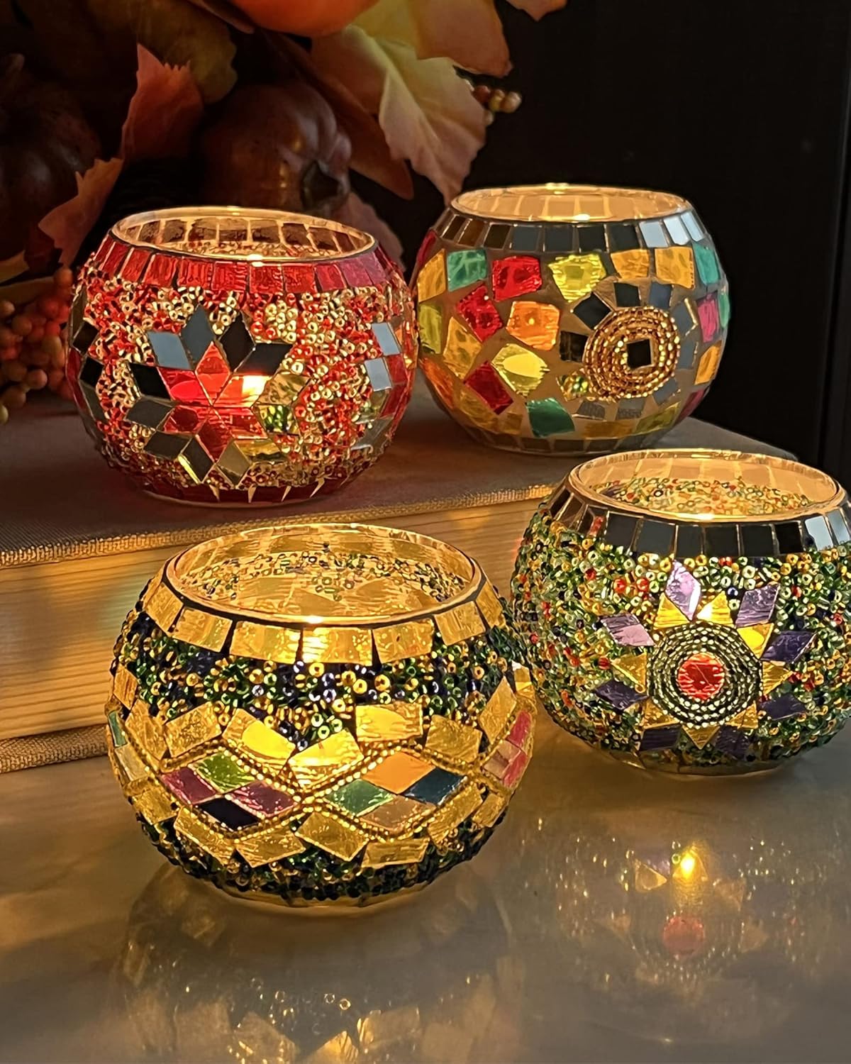 SHMILMH Glass Candle Holders - Handmade Mosaic Votive Set of 4 | Perfect for Diwali & Christmas Table Decor