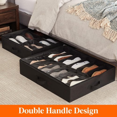 Lifewit Under Bed Shoe Storage Organizer - Set of 2 Foldable Fabric Boxes | Fits 24 Pairs, Black