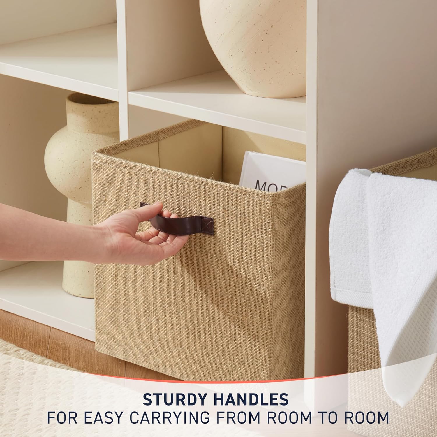 Ornavo Home Storage Cube Bins - 10.5 x 10.5 Jute Baskets, 6 Pack Foldable Organizers with Leather Handles