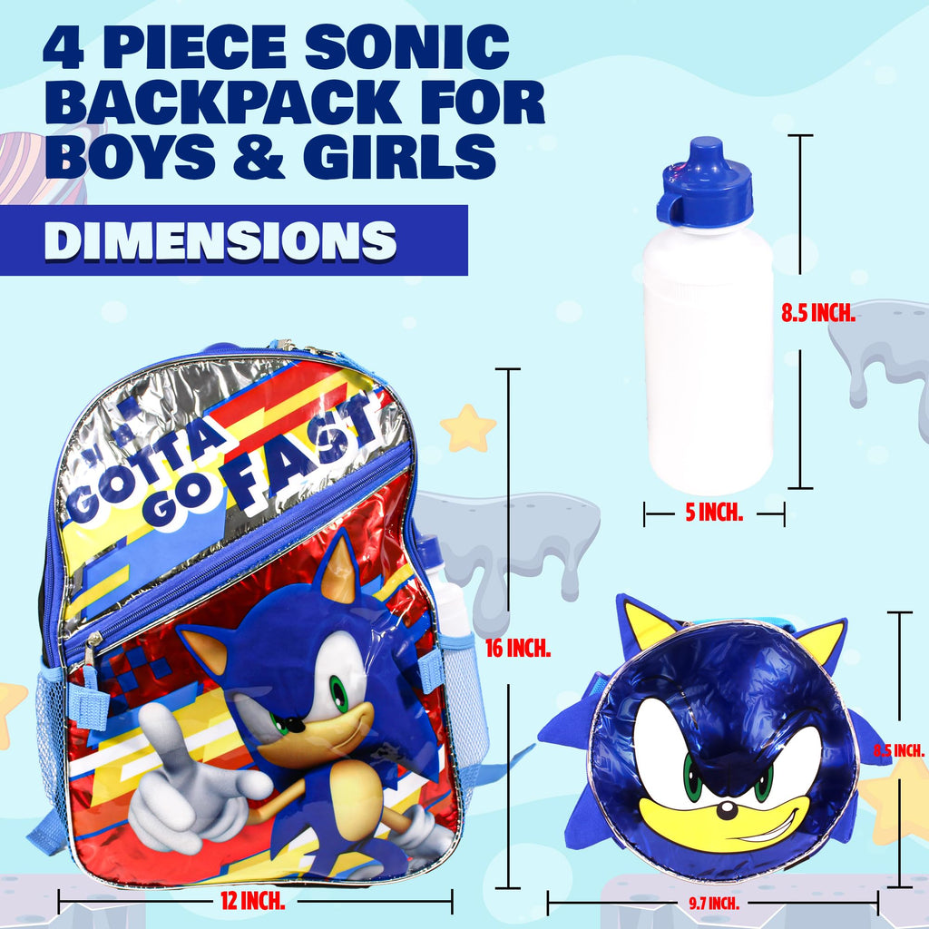 AI ACCESSORY INNOVATIONS Sonic the Hedgehog 4PC Backpack Set for Boys, 16" Sonic Backpack, Lunchbox, Water Bottle & Fidget Ball Kids School Set