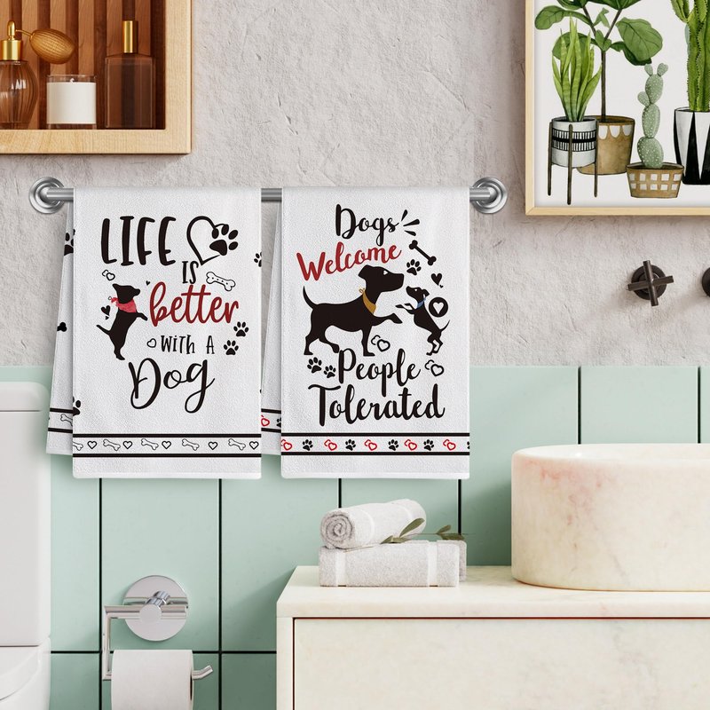 Hexagram Dog Dish Towels and Dish Cloths Dog Mom Gifts for Women Lovers, Funny Kitchen Hand Towels Sets of 4, Dogs Welcome People Tolerated Sayings Tea Towel Housewarming Decor for New Home Bathroom