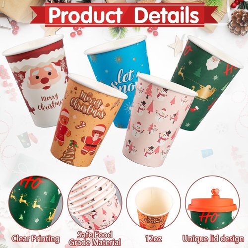 CUPLOOV 100 Pack Christmas Hot Coffee Cups with 50Pcs Lids, Xmas 12 Oz To Go Coffee Cup Hot Chocolate Cups, Christmas Disposable Paper Cups for Cold Drinks Holiday Winter Party Supplies