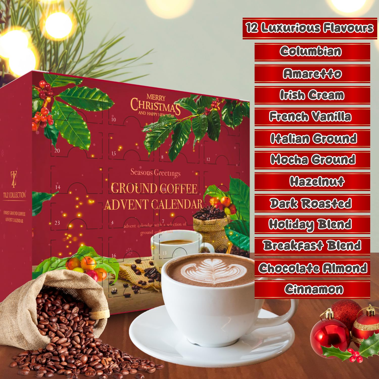 Skiennix 24 Days Advent Calendar | Flavored Ground Coffee Gift Set - French Vanilla, Hazelnut, Irish, Italian & Cinnamon