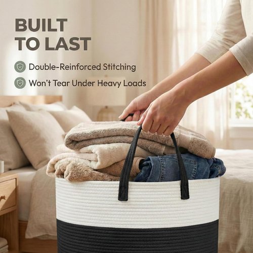 JMvicyroam 65L Extra Large Woven Cotton Rope Blanket Basket - Stylish Storage Hamper for Pillows, Comforters & Toys - Machine Washable, White & Black