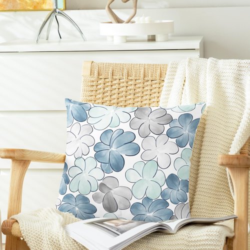 CaliTime Throw Pillow Covers Decorative 18 X 18 Inches Pack of 2 Cozy Fleece Blooming Flower Cushion Cases for Couch Bed Sofa Farmhouse Decoration Smoke Blue Grey