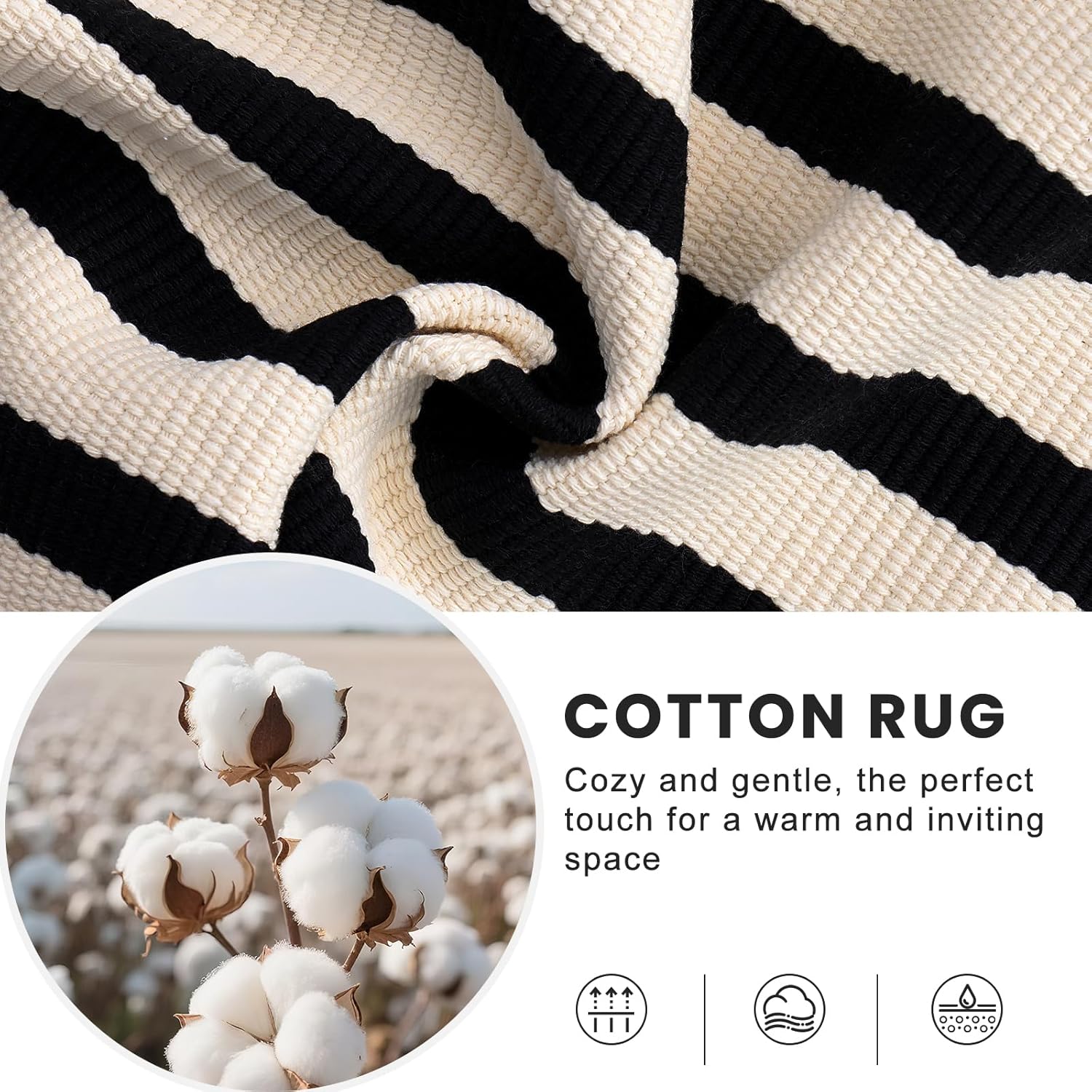 OLANLY Striped Rug - Washable Beige and Black Cotton Doormat 4' x 6' for Indoor/Outdoor Use
