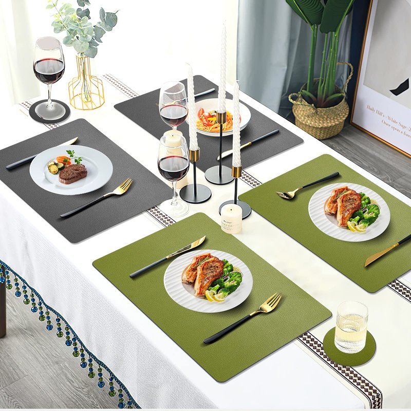 Placemats Set of 6, Two Sided placemat with Coaster -Waterproof - Heat Resistant - Wipe Clean - Anti Slip Dining Table Place Mats, Suitable for Indoor & Outdoor Use(Green & Gray)