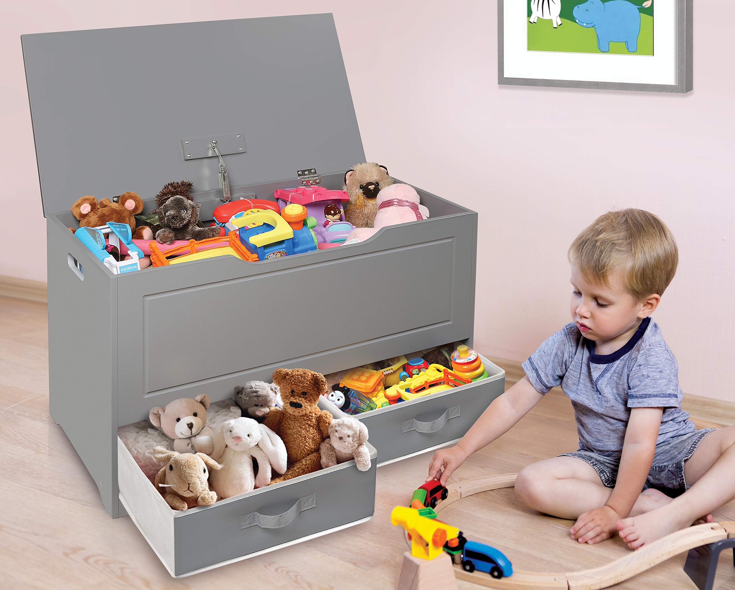 Badger Basket Toy Box and Storage Bench - Chest and Seat Combo with 2 Reversible Baskets, Safety Hinge Lid - Kids Toy Organizer for Playroom or Bedroom - Gray
