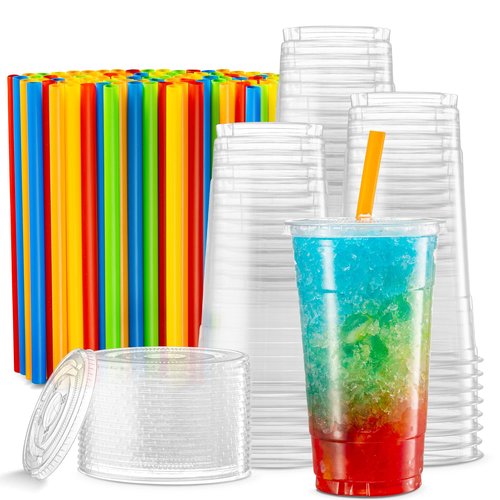 [40 Sets - 32 Oz] Crystal Clear PET Plastic Cups With Flat lids & Straws for Iced Coffee, Milkshake, Cold Drinks, Slush Cups, Smoothy's, Slurpee, Party's, Plastic Disposable Cups