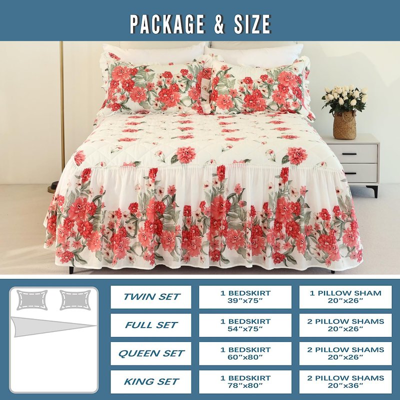 EVENHUG Ruffle Skirt King Size Bedspread Set Red Floral 100% Cotton Quilt Bedding Sets with Pillow Shams Lightweight Soft Coverlet Bed Spreads Sets 3 Piece (King, 78"x80")