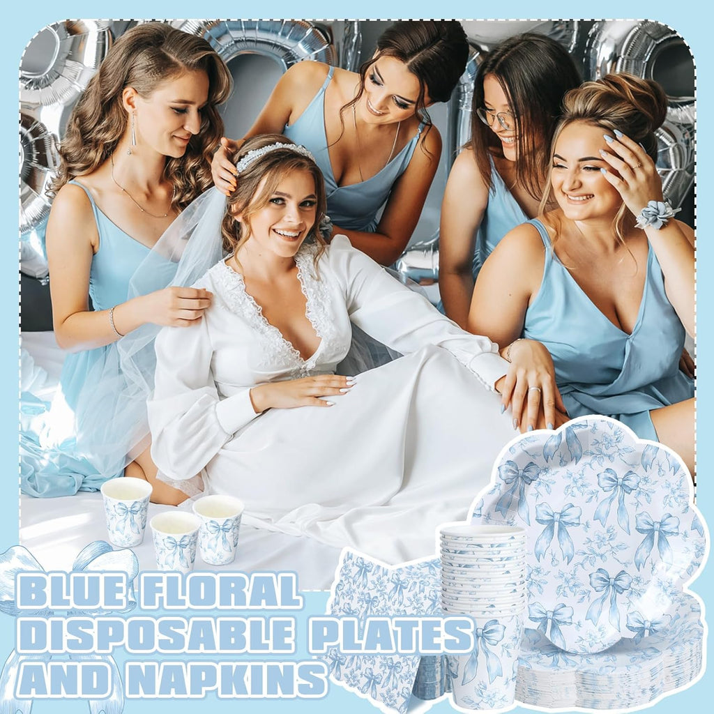 Newtay Disposable Tableware Set - 250 Pcs Blue Floral Plates & Napkins for 50 Guests | Perfect for Weddings & Showers