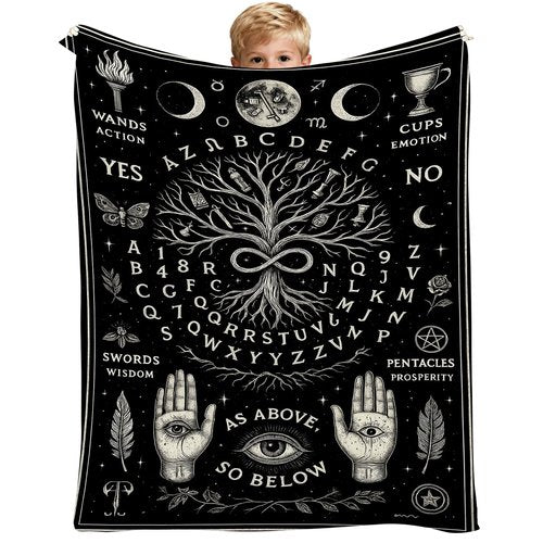 Spirit Board Blanket - Gothic Witchy Throw Blanket 60"x50" | Celestial Tarot Divination Flannel Fleece Blanket | Mystic Occult Moon Phase Blanket for Halloween, Witchy Home Decor, Gothic Gifts